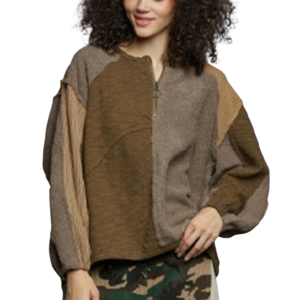 Pol Multi Fabric Woven Sweater Color Block 1/4 Zip Large Patch Elbows Browns